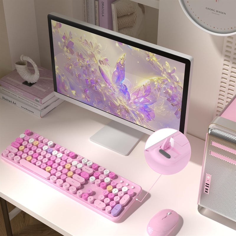 MPTOG Colorful Wireless Computer Keyboard and Mouse Combo with Round Typewriter Keycaps, Retro Design, Power Switch, Ergonomic Design, 2.4GHz Wireless for Windows, Mac, PC(Pink-Colorful) - Image 3